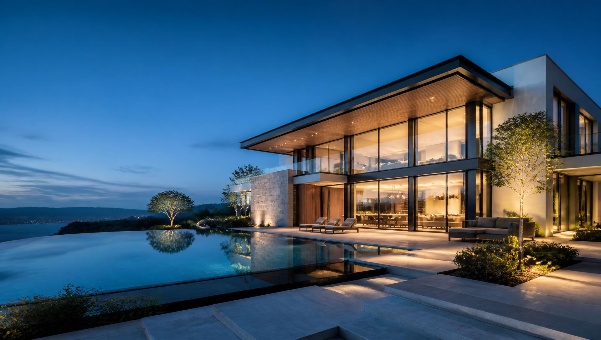 Luxury contemporary residence at dusk
